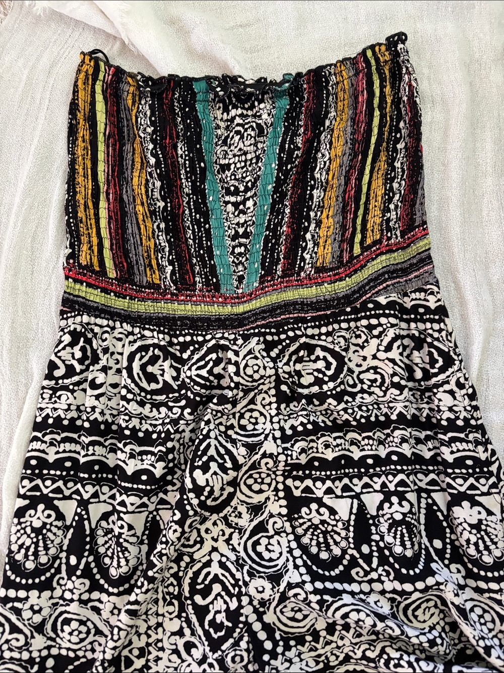 Bohemian Black & White Strapless Romper with Colorful Smocked Waist